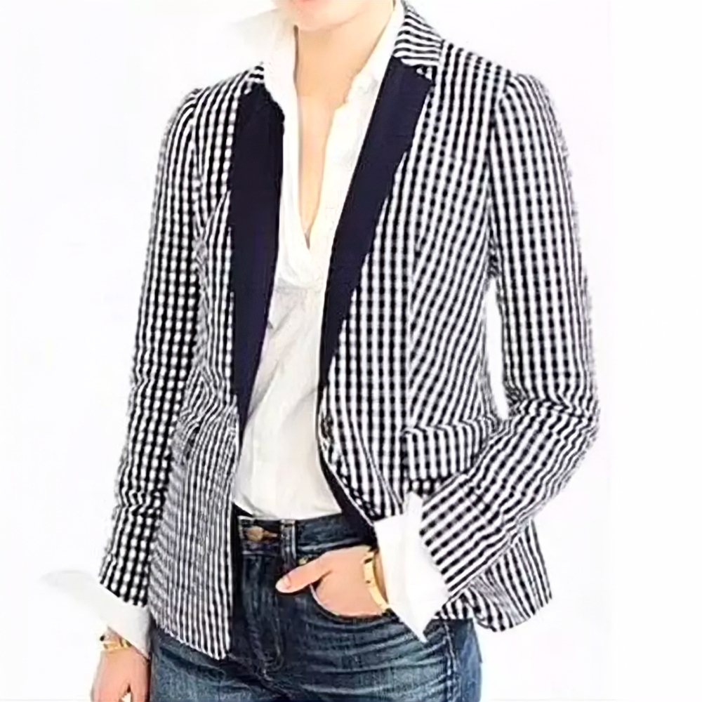 NEW J. CREW Navy Gingham Blazer Jacket WOMENS 8 M Seersucker Cotton Checkered